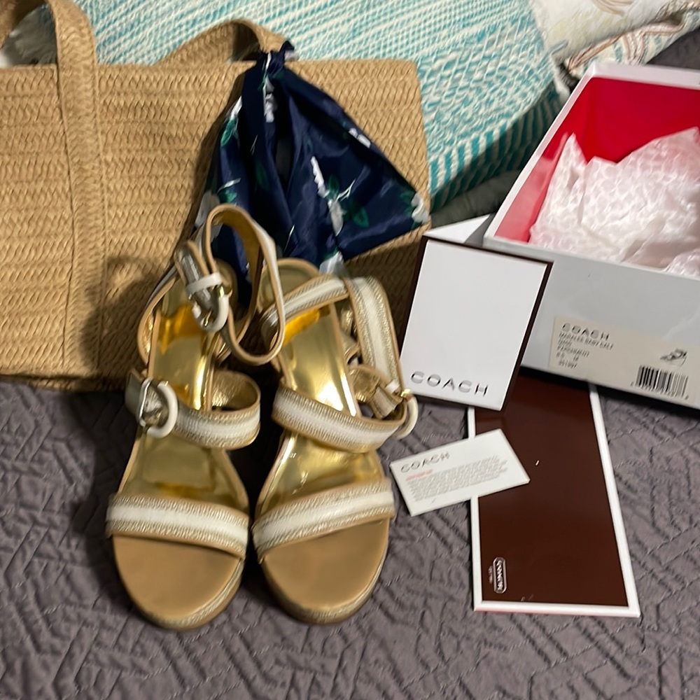 Coach wedges tan white strappy heels only.